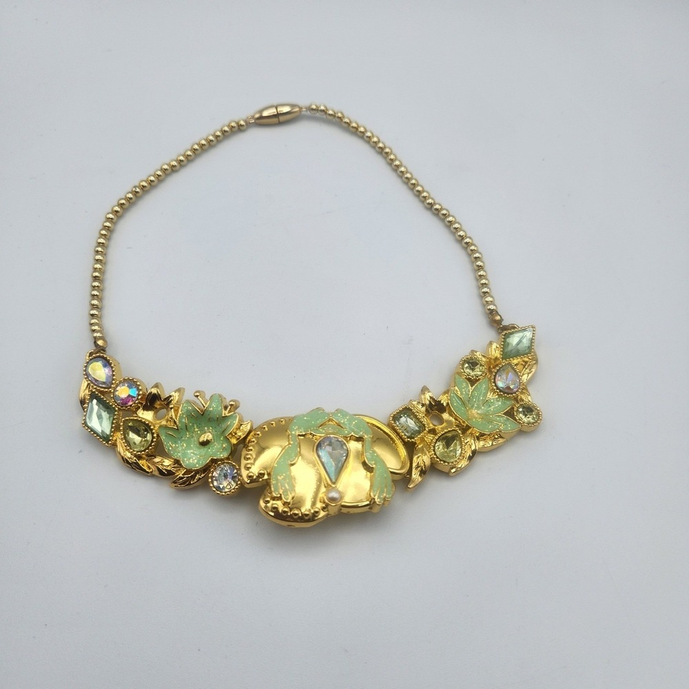 Disney Store Princess Tiana Gold Tone Green Enamel Rhinestone Statement Necklace
